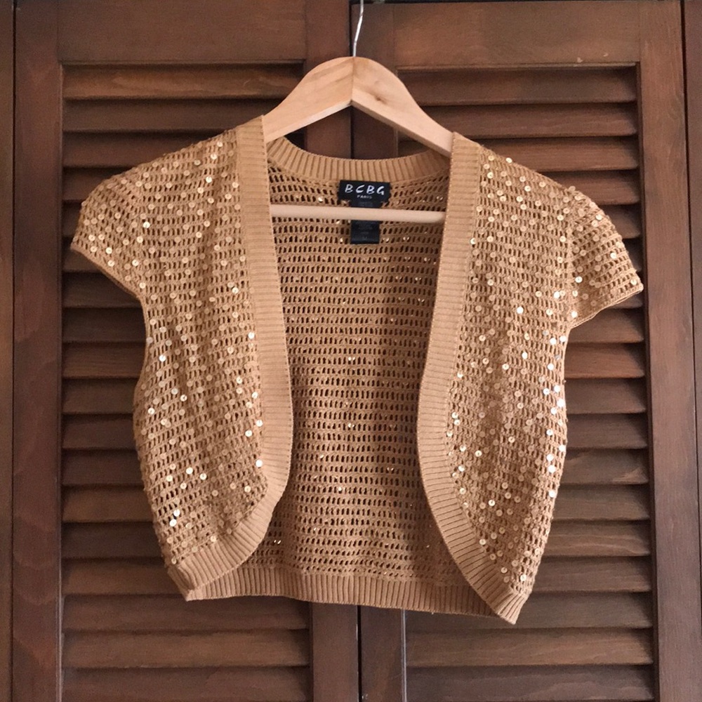 BCBG Gold Sequin Cap Sleeve Bolero Shrug Sweater